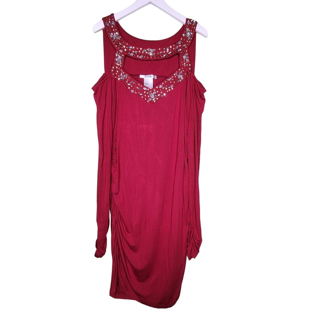K Jordan Dress XL Burgundy Cold Shoulder Rhinestones Sequins Long Sleeve Ruched